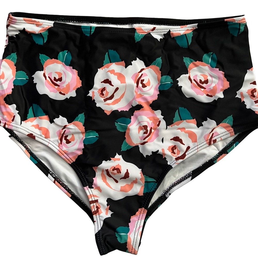 Orange Off Shoulder Ruffled Black Floral High Waisted Bikini Set - Picture 4 of 6